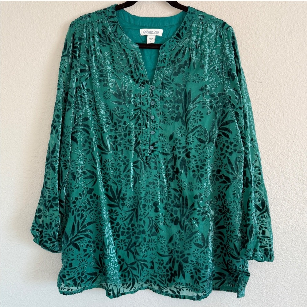 Coldwater Creek Large Green Floral Velvet Burnout Blouse‎ Career Boho Colorful